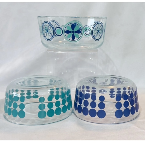 Set of Three Classic PYREX Clear Patterned Bowls - Turquoise & Navy RETRO BOHO - Picture 2 of 11